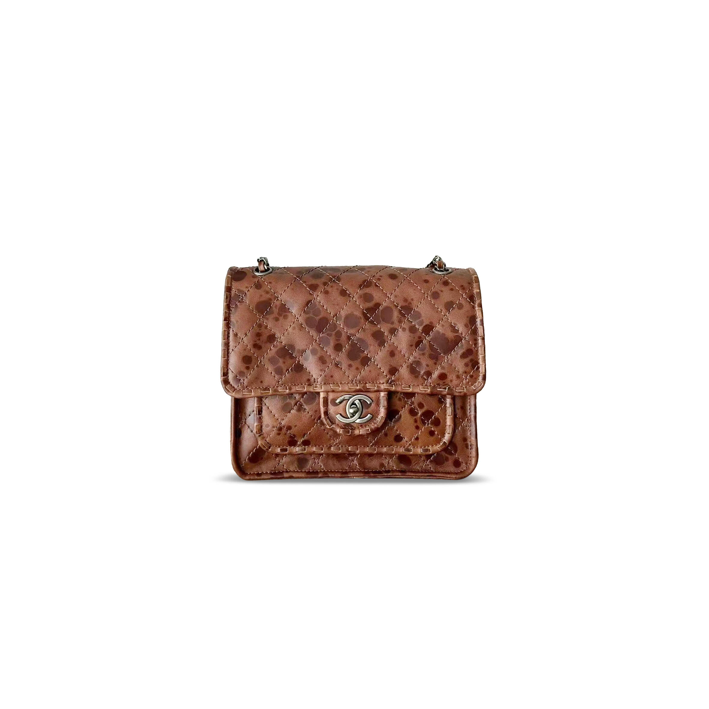 CHANEL OIL WAX LEATHER CHAINS SHOULDER FLAP BAG BROWN 163542 (26*23*11cm)